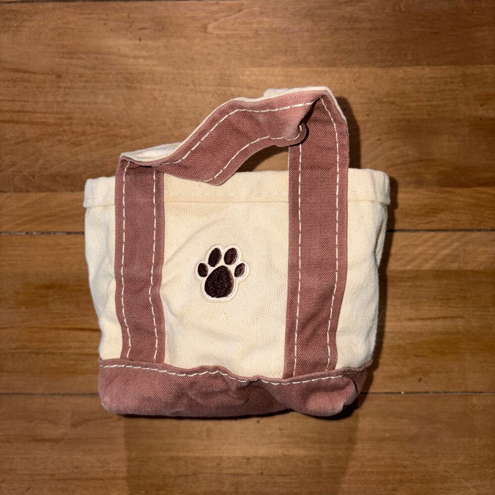 VTG L.L. Bean Mini Boat And Tote Bag Canvas Brown Mauve Trim Paw Print USA